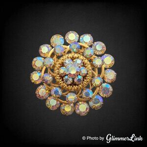 Vintage Floral Round Layered Aurora Borealis Rhinestone Riveted Gold Tone Brooch